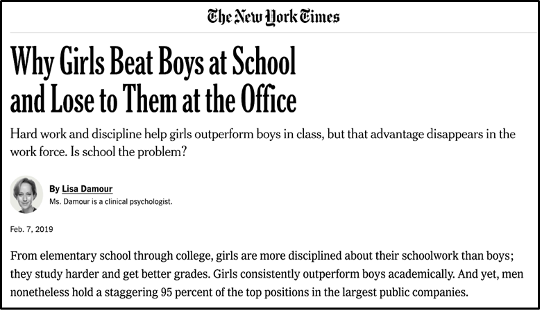 New York Times article titled 'Why Girls Beat Boys at School and Lose to Them at the Office' with a subtitle about how, even though girls outperform boys, men hold 95% of the top positions in the largest public companies