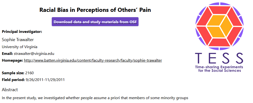 Top of TESS page for 'Racial Bias in Perceptions of Others' Pain', indicating a sample size of 2160 with a field period from Sept 26, 2011, to Nov 29, 2011