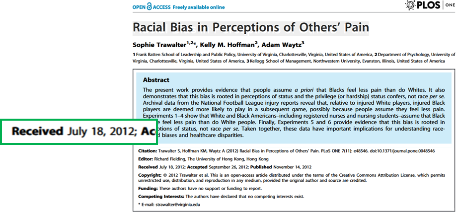 Top of the article 'Racial Bias in Perceptions of Others' Pain', with a 'Received' date of July 18, 2012