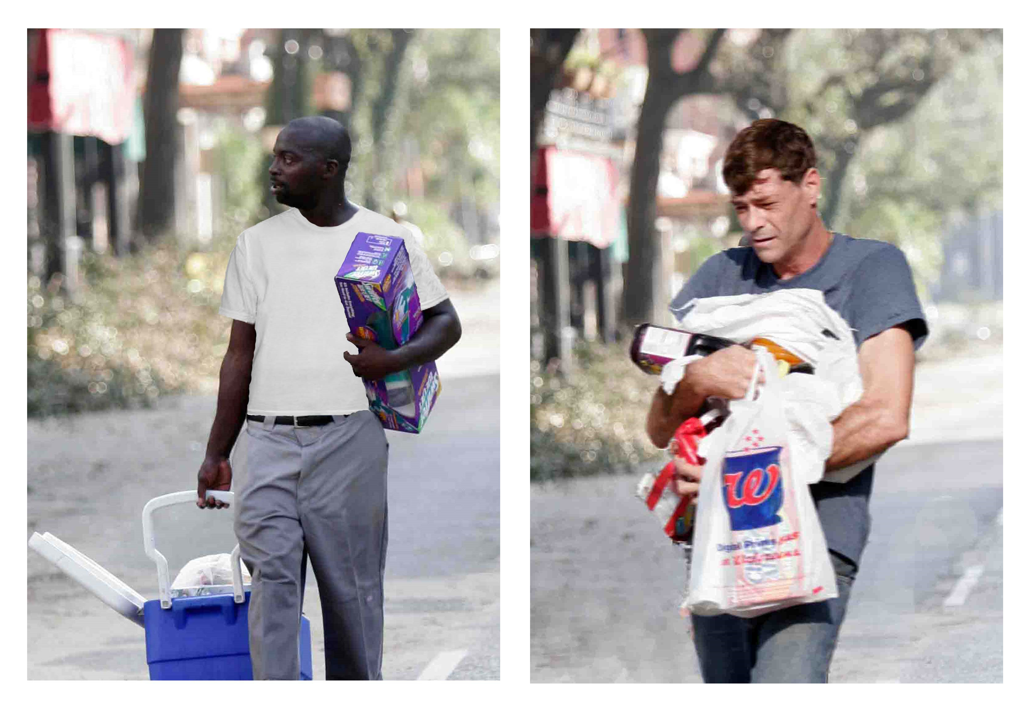 Two photos: Left photo is of a Black man holding groceries. Right photo is of a White man holding groceries (including a wine bottle) and struggling to hold the groceries