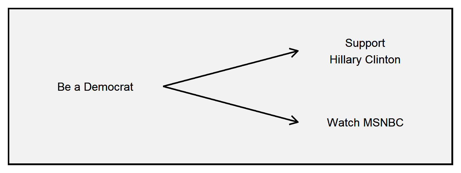 Arrow from 'Be a Democrat' to 'Support Hillary Clinton', and another arrow from 'Be a Democrat' to 'Watch MSNBC'